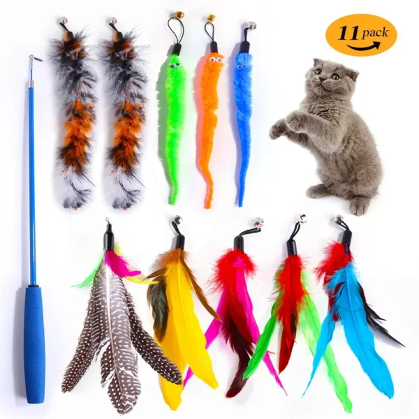 kf-Sab4f408578be4ed8b9e71b5f34a5fe91e 11pcs Replacement Cat Feather Toy Set Feather Replacement Head Retractable Cat Stick Cat Products - Image 1