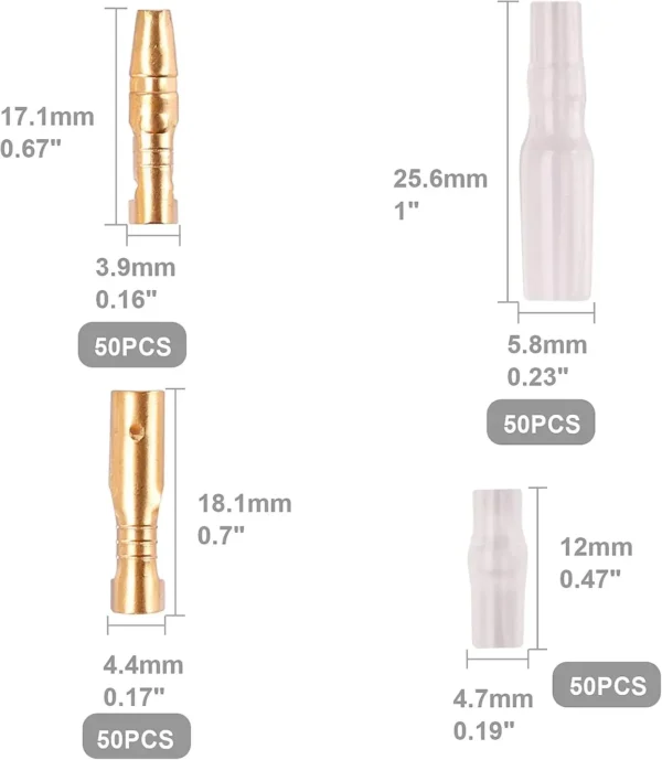 200PCS 3.9mm Bullet Connectors Kit Brass Bullet Male & Female Wire Terminals Connector with Insulation Cover for Motorcycle Moto - Image 2