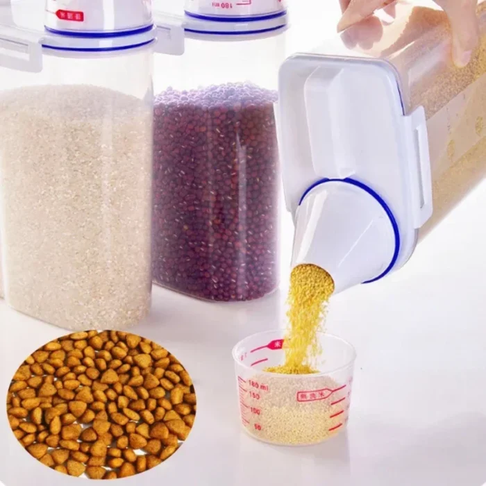 kf-Sbb03bc0ac0824052bae5392568bf8de0N 1.5kg/2kg Dog Cat Food Pail Plastic Storage Tank with Measuring Cup Container Moisture-proof Sealed Jar Pet Supplies Accessories - Image 4