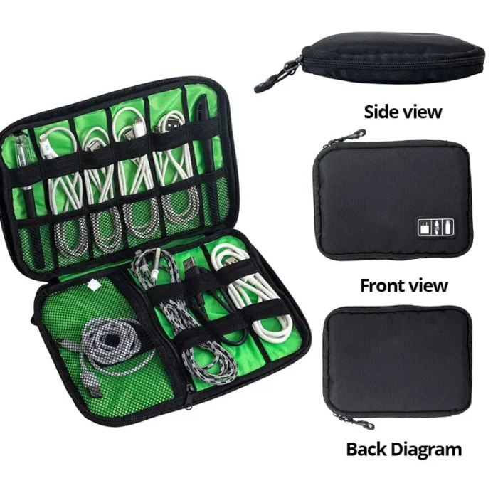 kf-Sbf13bd4770784114a9bb0e5a97f3ceb34 1pc Black Green Storage Bag Electronic Accessory Organizer Portable Usb Data Cable Charger Plug Travel Waterproof Organizer - Image 2