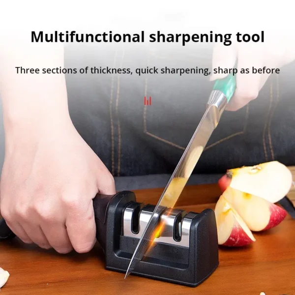 1Pc Black Kitchen Three Segment Knife Sharpener Household Multi Functional Hand Held Three Purpose Sharpening Stone Kitchen Tool - Image 4