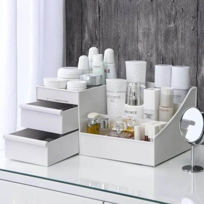 kf-Sd1e7c9a8eb8348e1a46791ea8f073aa7c 1pc White New Drawer Makeup Storage Box Dormitory Finishing Plastic Shelf Cosmetics Skin Care Dressing Table Desktop - Image 3