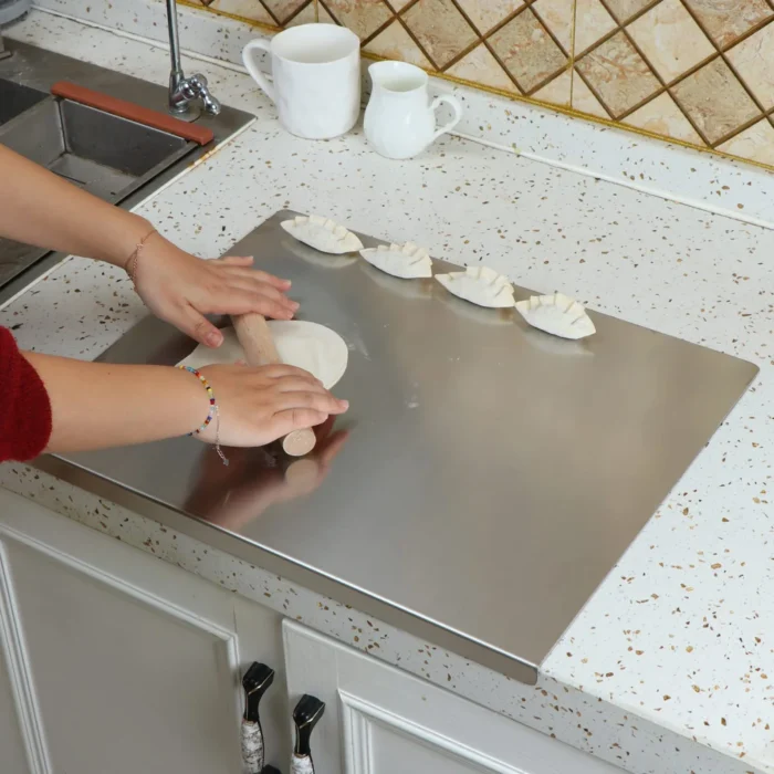 kf-Sd2627702038241f5ab97e8743043e2dbh Stainless Steel Cutting Board With Lip Countertop Protector Multifunction Pastry Baking Board Fruit Meat Chopping Board - Image 3