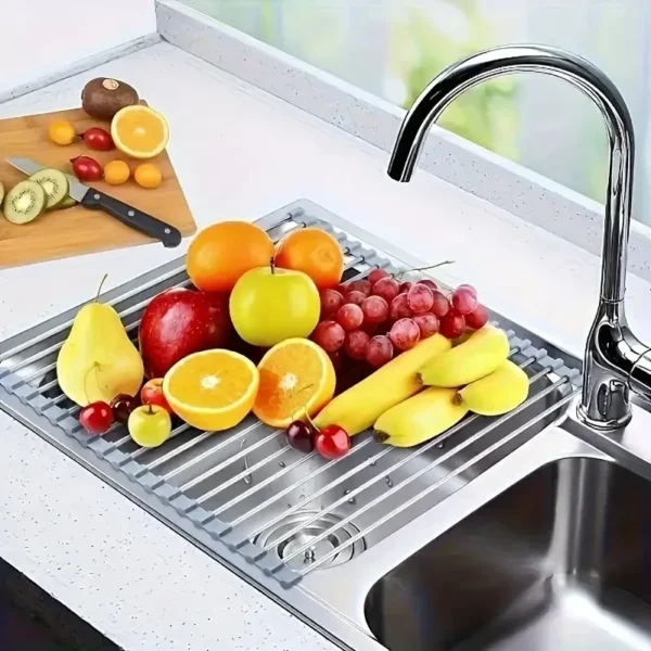 Silicone Stainless Steel Fruit & Vegetable Dish Drainer Kitchen Sink Shelf Kitchen Tools Sponge Holder Kitchen Tools Strainer - Image 4