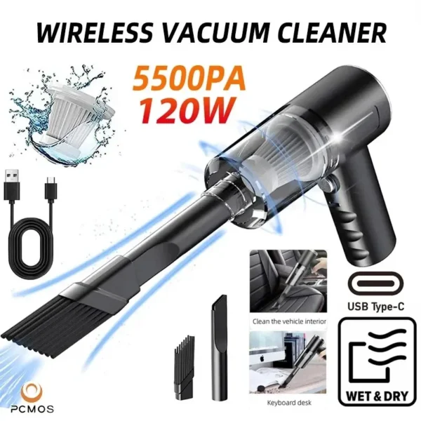 PCMOS 1PC Wireless Vacuum Cleaner Dual Use for Home and Car 120W High Power Powerful Vacuum Cleaner Black - Image 7