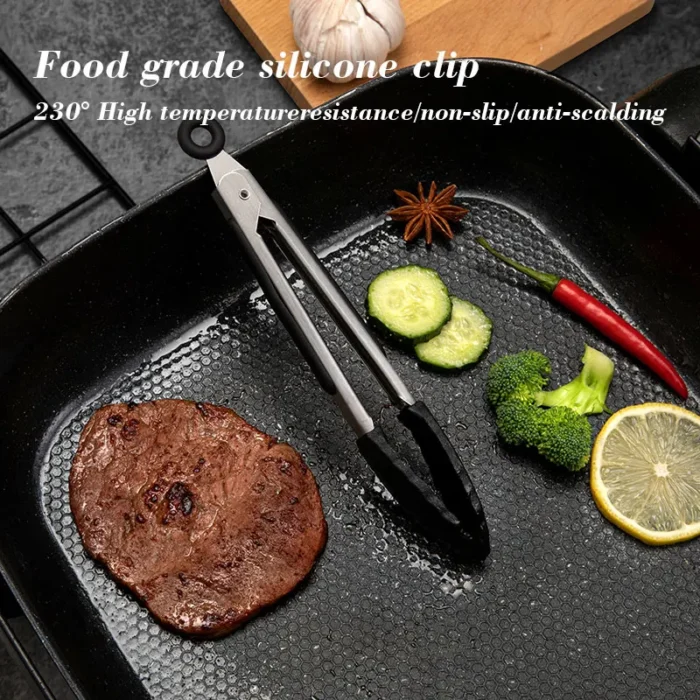 1 Pc Black Silicone Food Tongs, Stainless Steel Food Tongs Outdoor BBQ Clamps For Camping Kitchen Tongs For Baking Steak - Image 1