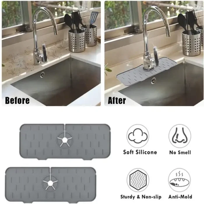 kf-Sf60b371772544023a0a0ecac4ac3791fj 1PC Grey 37X14CM Kitchen Faucet Absorbent Mat Sink Splash Guard Silicone Drainage Drying Pad Countertop Protection - Image 4