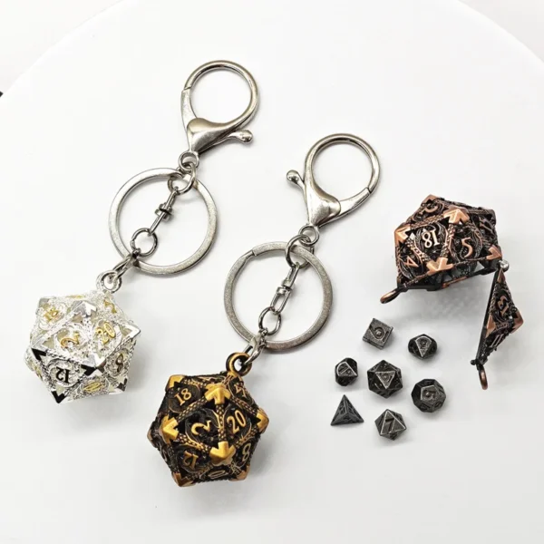 Mini 6MM Metal Flying Dragon Skeleton Dice Keychain Pendant Set Polyhedral Colors - Image 1