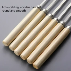 10pcs Wooden handle anti-scalding barbecue skewers can be reused 304 stainless steel metal barbecue skewers wide skewers