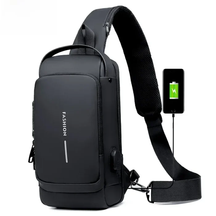 kf-S267224d79cbc441ca1f0a4bf668ce407H Waterproof Casual Chest Bag Men Multifunction Anti-theft USB Charging Men Crossbody Bag Patent Leather Travel Chest Bag Pack Mal - Image 1
