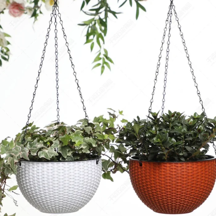 kf-S385e63e3ff6b469c939ae38b540df45aC 40cm Imitation Rattan Hanging Basket Flower Pot Chain With 3 Hooks Basin Hydroponic Plants Plant Grow Basin Home Garden Decor - Image 2