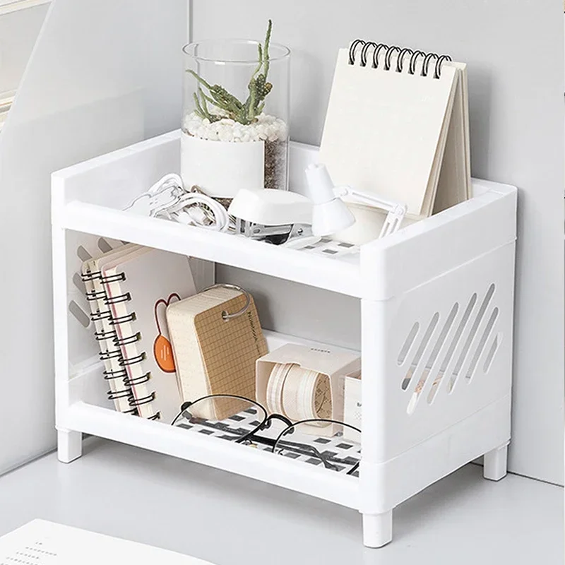 kf-S43fbd0ce8e4c452c99f0a48ecddfd90e8 PP Desktop Double Layer Storage Rack Rectangular White Organizing Student Desk Office Cosmetics Stationery Shelf - Image 1