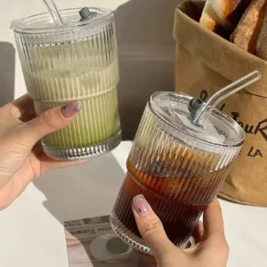 1pc, Vertical Striped Glass Cup, Iced Coffee Cup, Vintage Transparent Water Tea Milk Juice Mugs Cup, Wine Glasses For Cocktail,