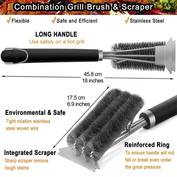 LMETJMA Safe Grill Brush and Scraper with Deluxe Handle 18 inch Grill Cleaner Brush Stainless Steel Bristle Grill Brush JT61 - Image 4