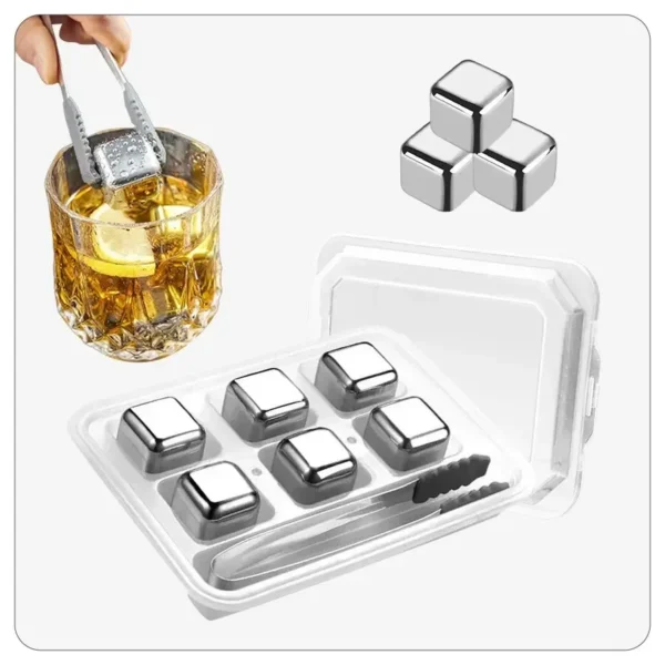 6 Piece Whiskey Ice Cubes Set with Silicone Head Tongs and Ice Cube Trays Stainless Steel Ice Cubes Reusable - Image 1