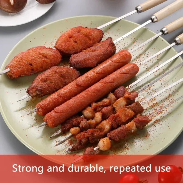 10pcs Wooden handle anti-scalding barbecue skewers can be reused 304 stainless steel metal barbecue skewers wide skewers - Image 6