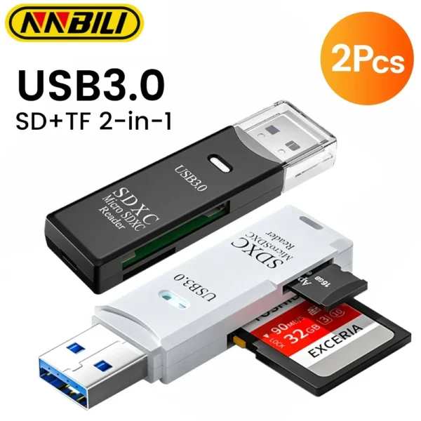 kf-S9913e113bd654bd0ad9aec4612a023c0Q NNBILI 1-2pcs Card Reader USB3.0/2.0 To SD TF Memory Adapter High Speed TF Memory 2 IN 1 Card Reader For PC Laptop Accessories - Image 1