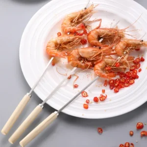 10pcs Wooden handle anti-scalding barbecue skewers can be reused 304 stainless steel metal barbecue skewers wide skewers