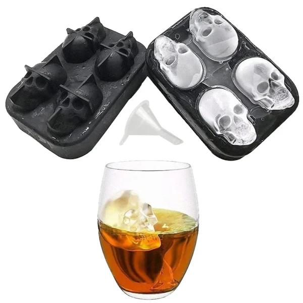3D Skull Ice Cube Tray, Silicone Ice Maker Molds with Funnel, 4 Cavity Ice Cube Tray for Ice Cream & Party - Image 1