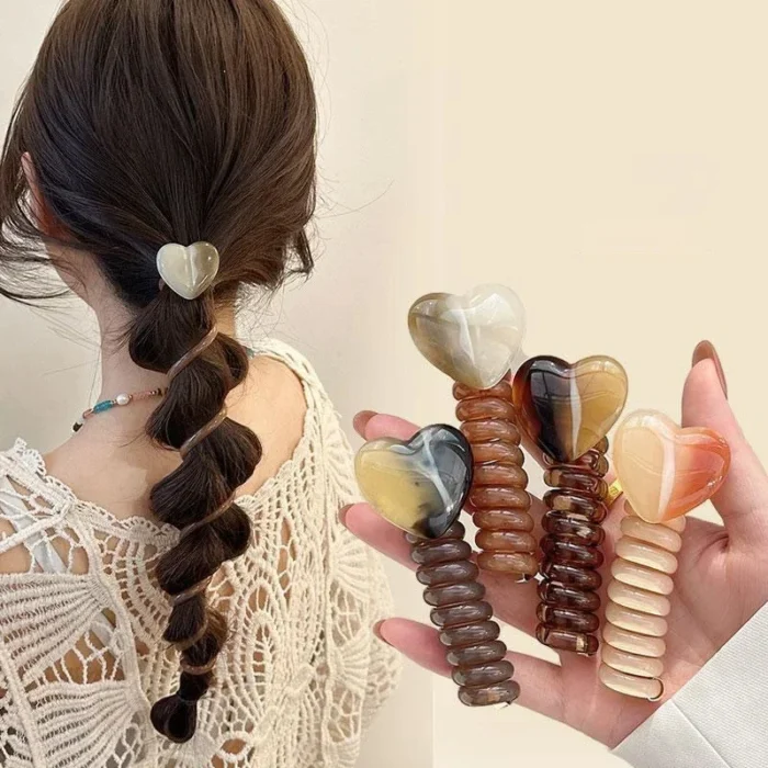 kf-Sae507b9d44a448419eeb6ffe3b59485ev 1PC Heart Shape Elastic Rubber Bands For Women Girls Telephone Wire Hair Ties Loop Spiral Spool Headbands Ponytail Holders Acces - Image 1