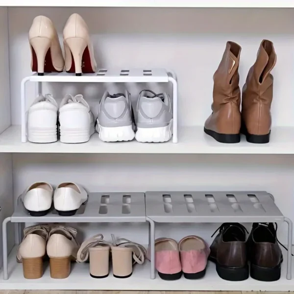 Adjustable Plastic Shoe Rack Multi-Tier Storage Organizer Space Saving for Sneakers Slippers Home Dorm Closet White Gray Modern - Image 1