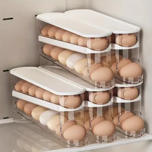 Double Layer Automatic Rolling Egg Storage Container 12-14 Eggs Hinged Design PP PET Space Saver Rack for Refrigerator Kitchen