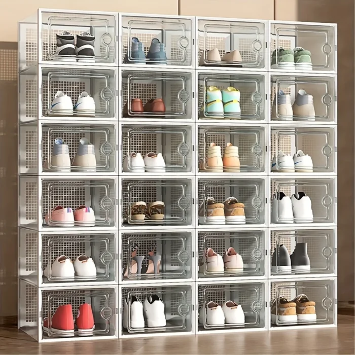 kf-Scd35032978704aa1b0d74e7dc637d3666 2/6pcs Thick Clear Shoe Boxes Foldable Stackable Plastic Organizer Space Saving Storage for Entry Bedroom Dorm Home Decoration - Image 1
