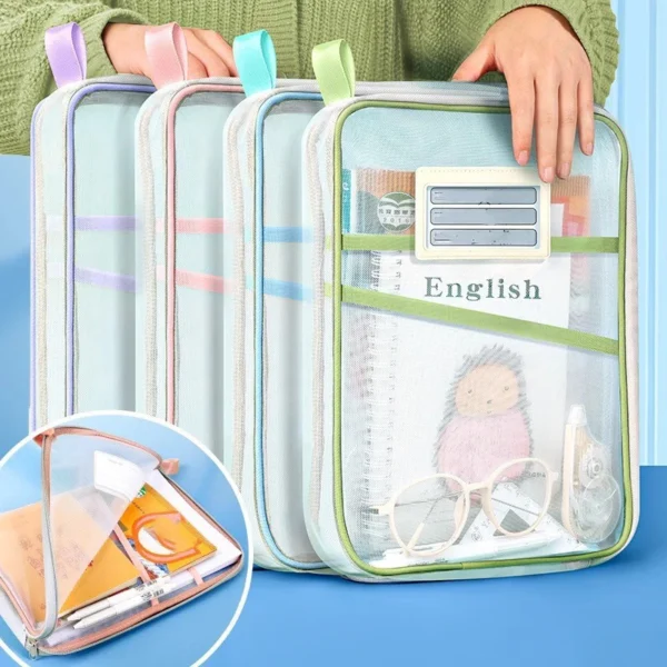kf-Sfbae4492bc334af59691fb60e1262441z A4 Stationery Storage Bag Double-layer Mesh Zipper Bag Large Capacity Organizer Folders School Office Supplies Stationary Bag - Image 1