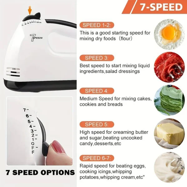 Handheld Electric Egg Beater, Household Automatic Mixer, Egg White and Cream Beater, Mini 7-speed White - Image 2
