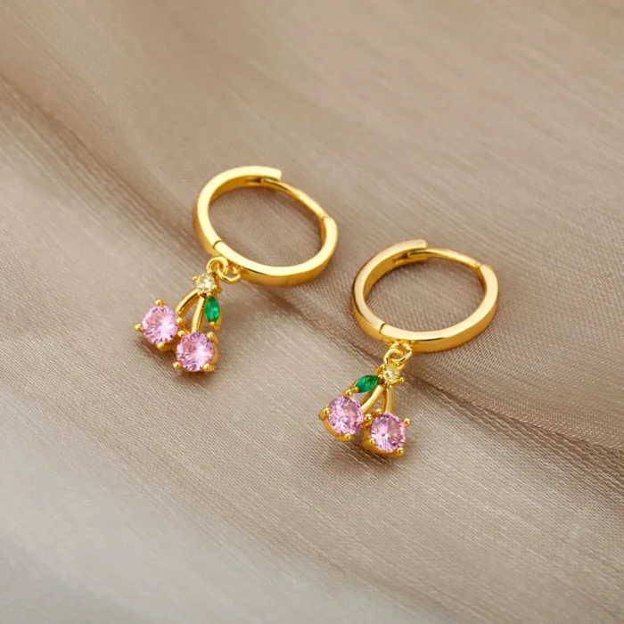 kf-H01e4bab6c4354dba81158e3fd3efd0d6J Crystal Fruit Cherry Drop Earrings For Women Stainless Steel Pink Cherry Earring Femme Fairy Fashion Boho Jewerly Gift 2023 - Image 1