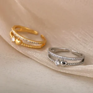 Zircon Heart Rings For Women Stainless Steel Gold Color Double Heart Ring Wedding Engagement Jewelry Accessories Gift Bijoux