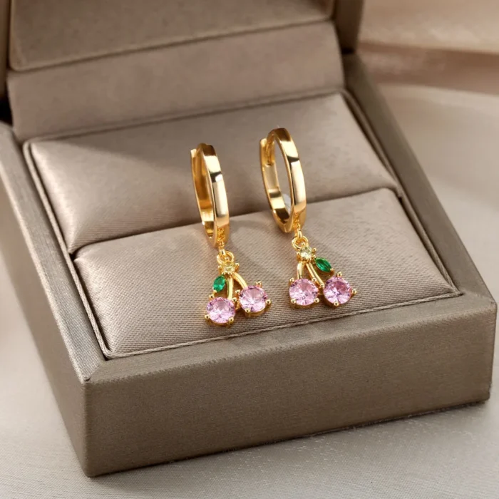 kf-H5afe7beecc794c12a428bb57c0ea9641y Crystal Fruit Cherry Drop Earrings For Women Stainless Steel Pink Cherry Earring Femme Fairy Fashion Boho Jewerly Gift 2023 - Image 2