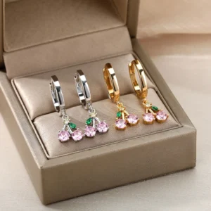 Crystal Fruit Cherry Drop Earrings For Women Stainless Steel Pink Cherry Earring Femme Fairy Fashion Boho Jewerly Gift 2023