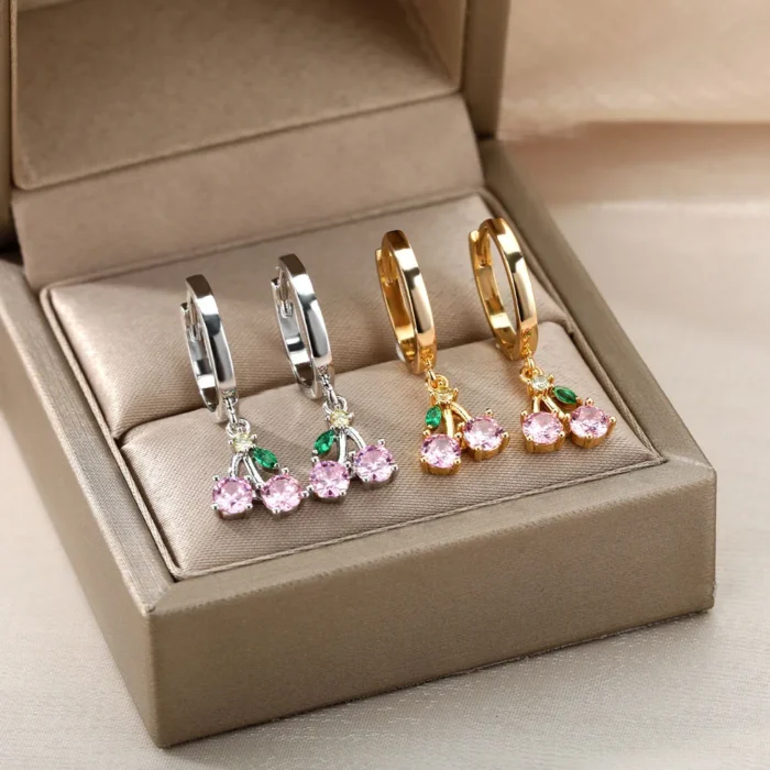 kf-H8ead01482bbe454d9a57432ca0bb2529R Crystal Fruit Cherry Drop Earrings For Women Stainless Steel Pink Cherry Earring Femme Fairy Fashion Boho Jewerly Gift 2023 - Image 3