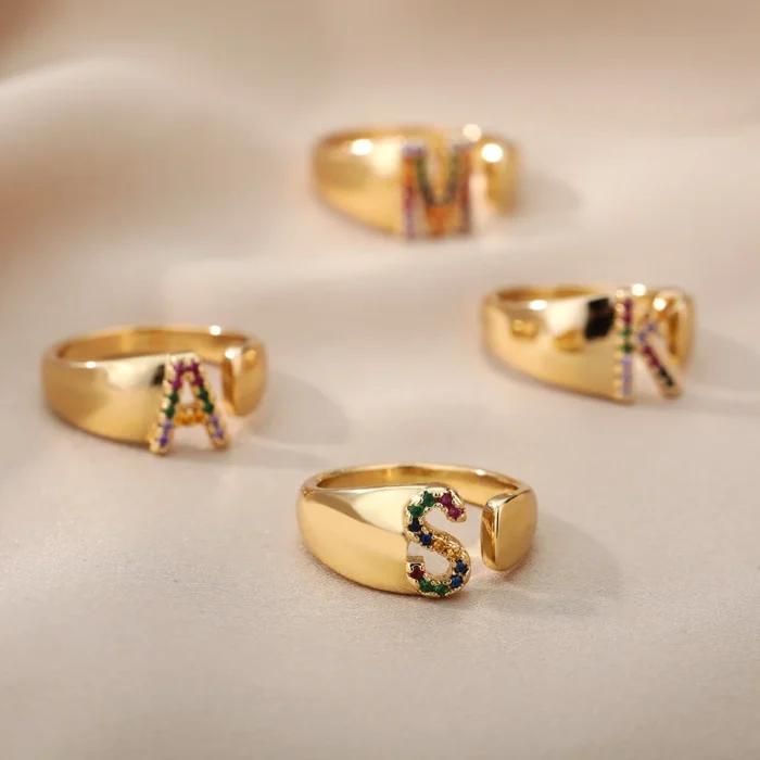 kf-Ha13b6429bc8a4fddbfb33f56d622612do Rainbow Zircon Letter Rings For Women Fashion Chunky Wide Letter A-Z Stainless Steel Ring Wedding Boho Jewelry free shipping - Image 5