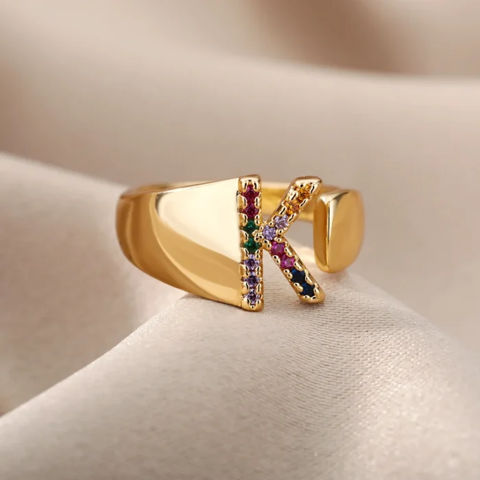 kf-Hbcf4488e57d84683a924fc4d4cbeaffeq Rainbow Zircon Letter Rings For Women Fashion Chunky Wide Letter A-Z Stainless Steel Ring Wedding Boho Jewelry free shipping - Image 4