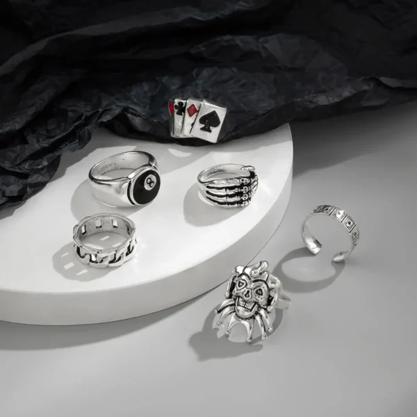 Hip Hop Vintage Skull Ghost Claw Poker Clown Ring Set for Women Hollow Geometric Size 8 Jewelry Steampunk Men - Image 4