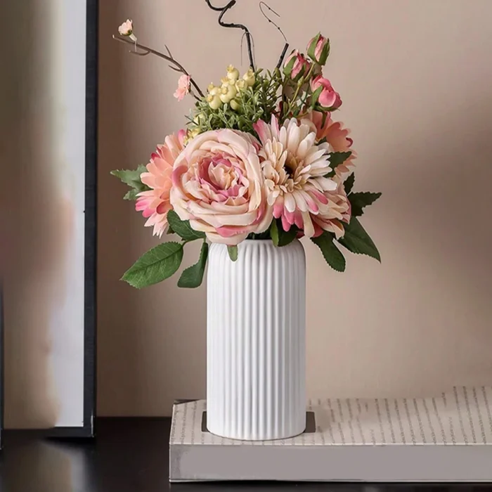 kf-S03a9c2310d7f41fdb4e90c83bf215c05D Striped Ceramic-Like Plastic Vase for Flowers, Decorative Floral Arrangement Display, Creative Little Flower Vase - Image 4
