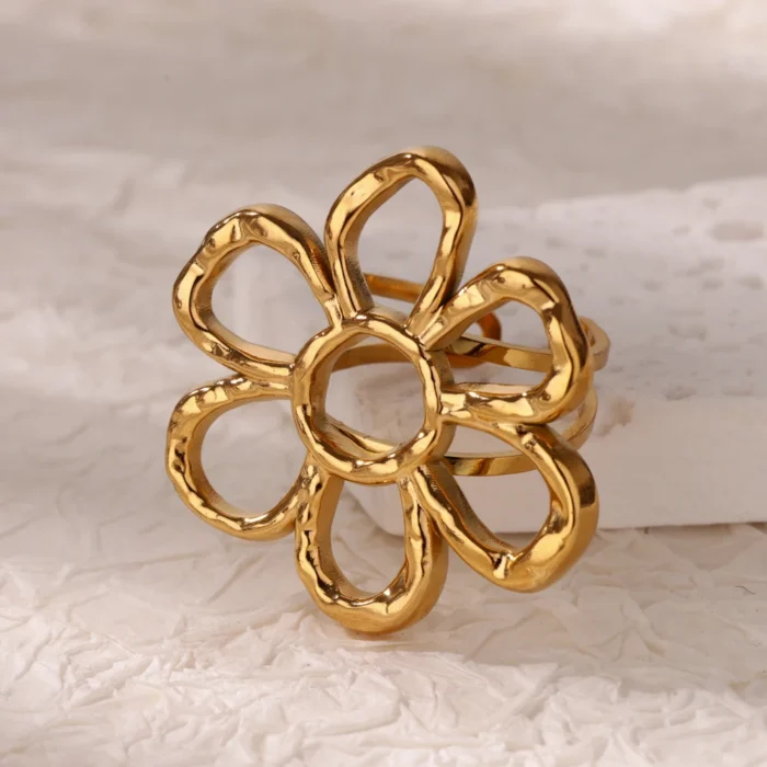 kf-S0db9f111aa3841148a6e7aad04e357c6E Stainless Steel Exaggerated Big Flower Rings For Women Gold Color Sunflower Finger Ring Female Fashion Aesthetic Jewelry Gift - Image 4