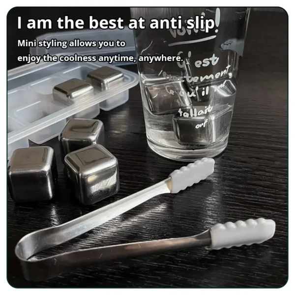 6 Piece Whiskey Ice Cubes Set with Silicone Head Tongs and Ice Cube Trays Stainless Steel Ice Cubes Reusable - Image 3
