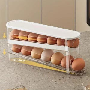 Double Layer Automatic Rolling Egg Storage Container 12-14 Eggs Hinged Design PP PET Space Saver Rack for Refrigerator Kitchen