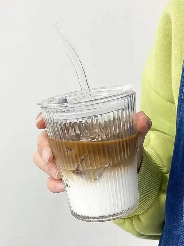 1pc, Vertical Striped Glass Cup, Iced Coffee Cup, Vintage Transparent Water Tea Milk Juice Mugs Cup, Wine Glasses For Cocktail, - Image 3
