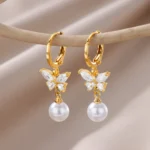 Butterfly Zircon Stainless Steel Pearl Earrings For Women Gold Plated Piercing Earring Aesthetic Luxury Jewelry Gift 2023 New - Image 3