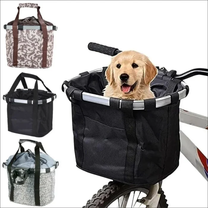 kf-S2888959a40fe4ad18859bcacfe7098f37 Bicycle Front Basket Bike Small Pet Dog Carry Pouch 2in1 Detachable MTB Cycling Handlebar Tube Hanging Fold Baggage Bag 5KG Load - Image 1