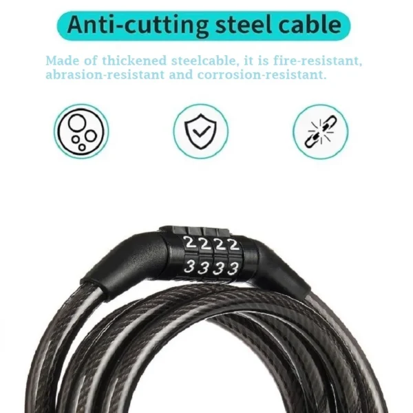 Anti theft bicycle lock, 4-digit password lock, 1-meter ultra strong cable, suitable for mountain bikes, road bikes, - Image 3