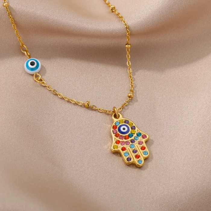 kf-S29aa5bc1e4f745d5985eaeda545c9129b Turkish Hamsa Evil Eye Necklaces For Women Stainless Steel Gold Color Charm Choker Neckalce Christmas Jewelry Accessories Gift - Image 2