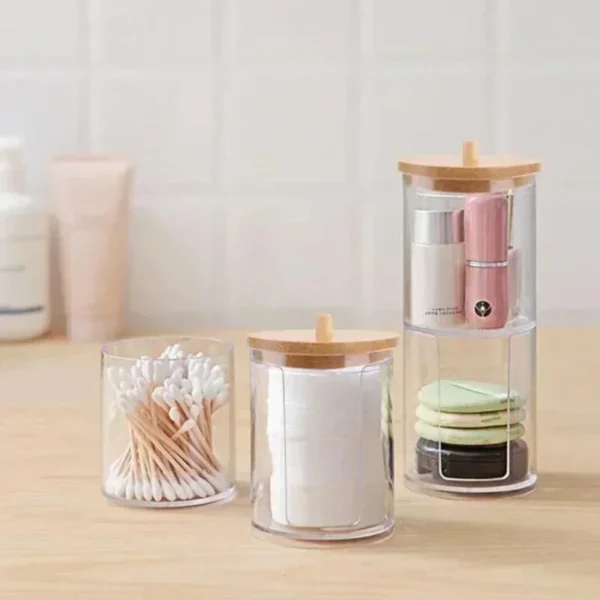 Acrylic Storage Box Bathroom Jar Makeup Organizer Cotton Round Pad Holder Cotton Swab Box Qtip Holder Dispenser with Bamboo Lid - Image 2