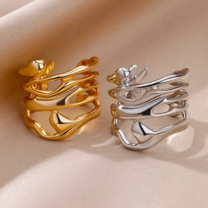 kf-S372f97bc680e43c19e2e74425e09fffbr Stainless Steel Rings For Women Men Gold Color Hollow Wide Ring Female Male Party Finger Jewelry Gift 2024 Trend Free Shipping - Image 5