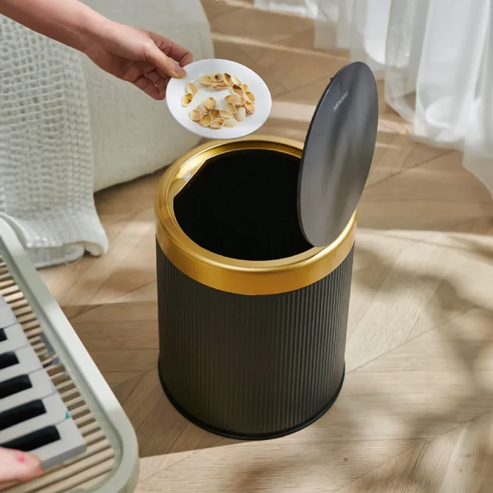 Modern White and Black Double Layered Trash Bin with Press Top Lid for Bathroom, Office and Bedroom - Image 2