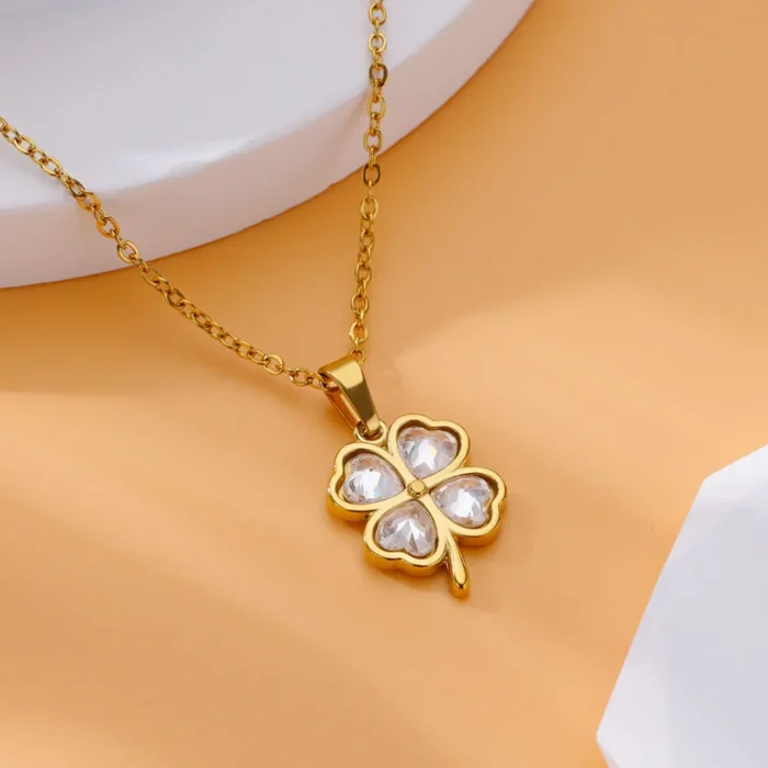 kf-S3d0d2758b0d94091a022a513b9dae326y Four Leaf Clover Stainless Steel Necklaces For Women Green Zircon Gold Color Quality Jewelry Pendant Necklace Gift Free Shipping - Image 5